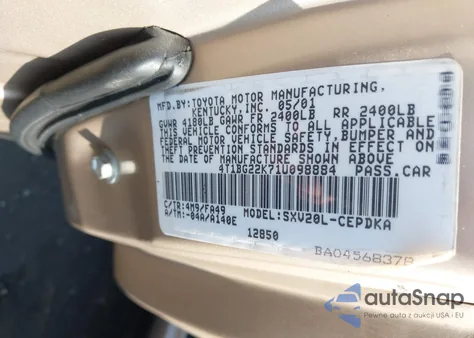 2001 Toyota Camry Ce from USA, damaged, VIN 4T1BG22K71U098884